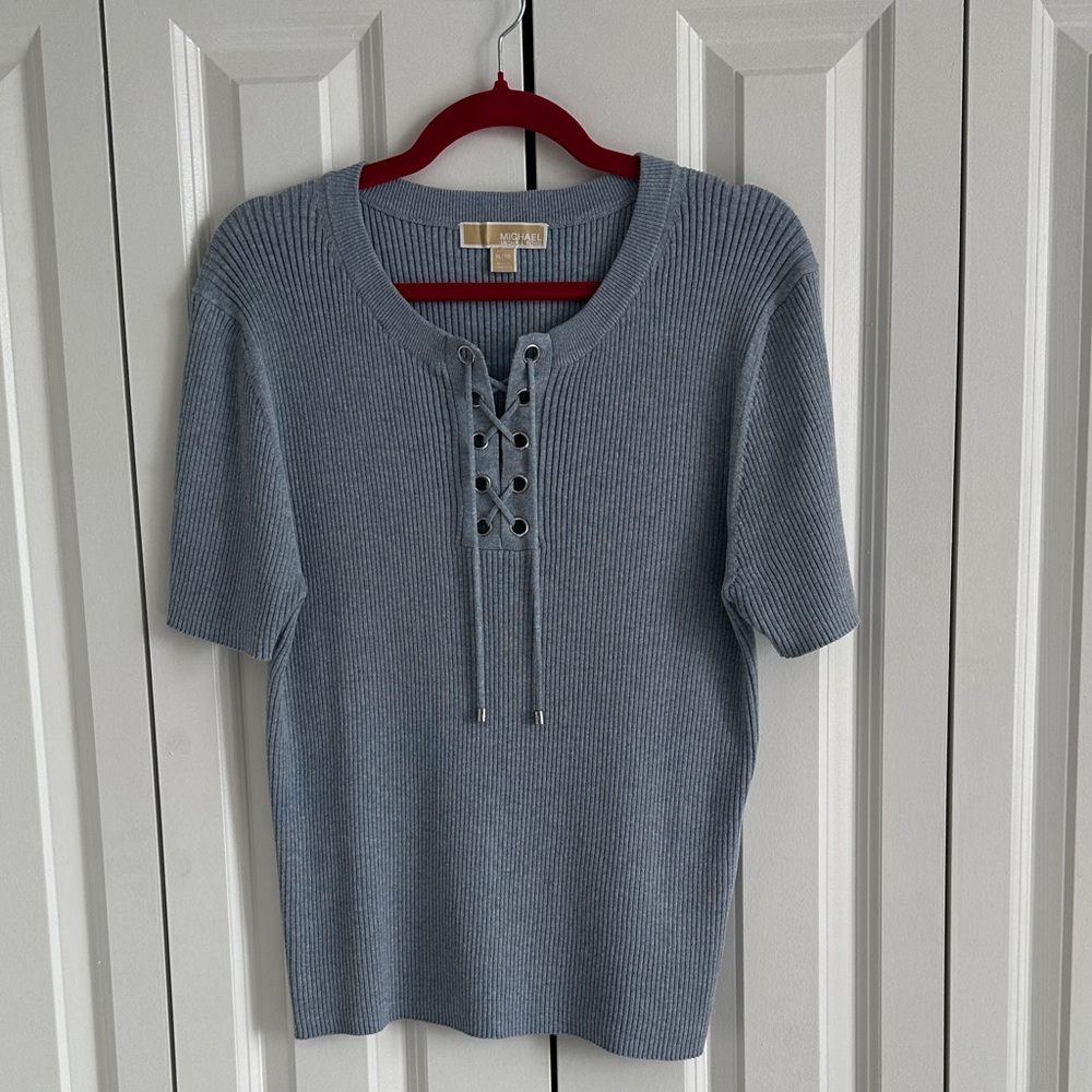 Michael Kors Blue Lace-Up Ribbed Top